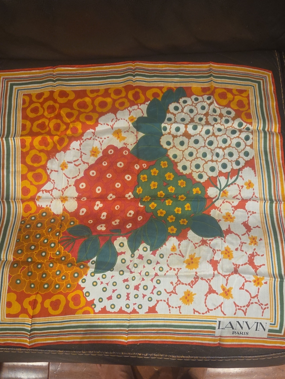 Lanvin Paris Vintage Silk Scarf Floral Stripe Orange Green Neckerchief
